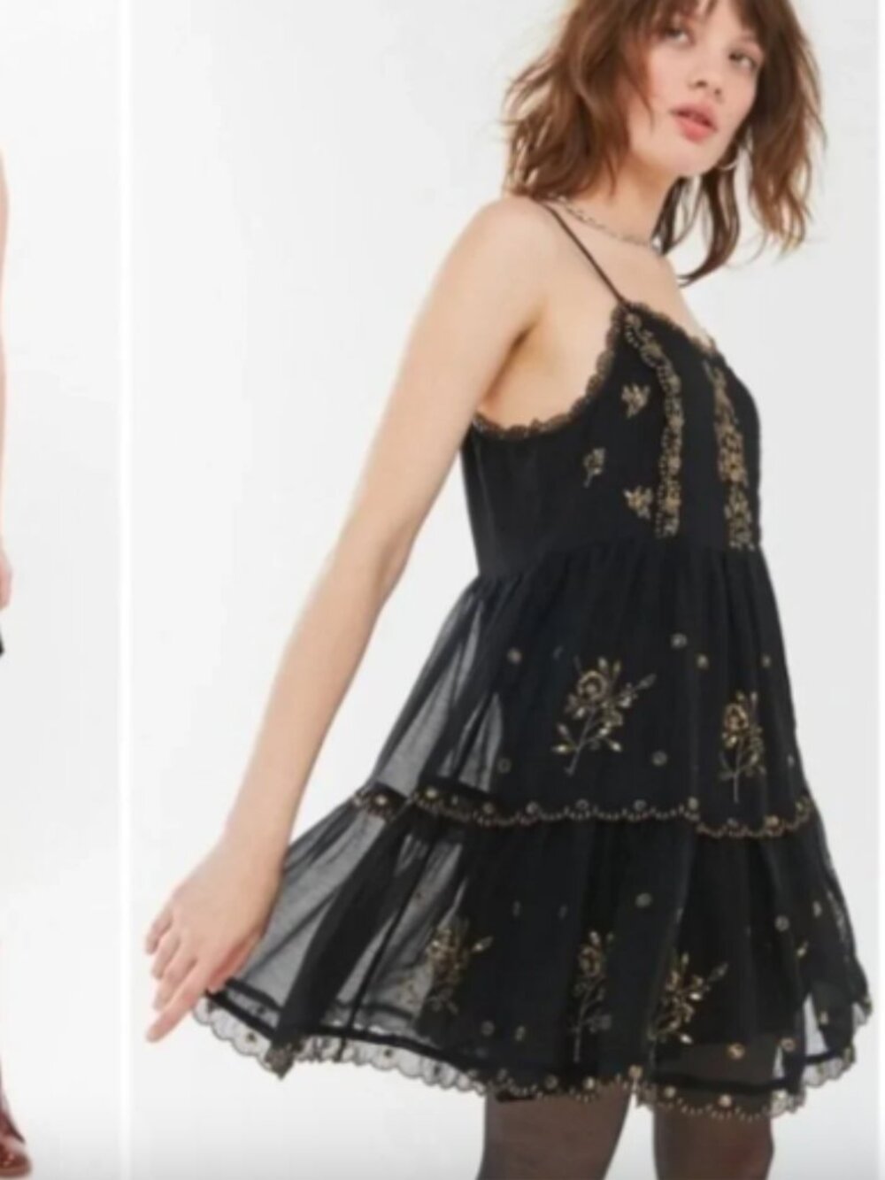 Urban Outfitters Hanna Embroidered Black Babydoll Embellished Dress Size L